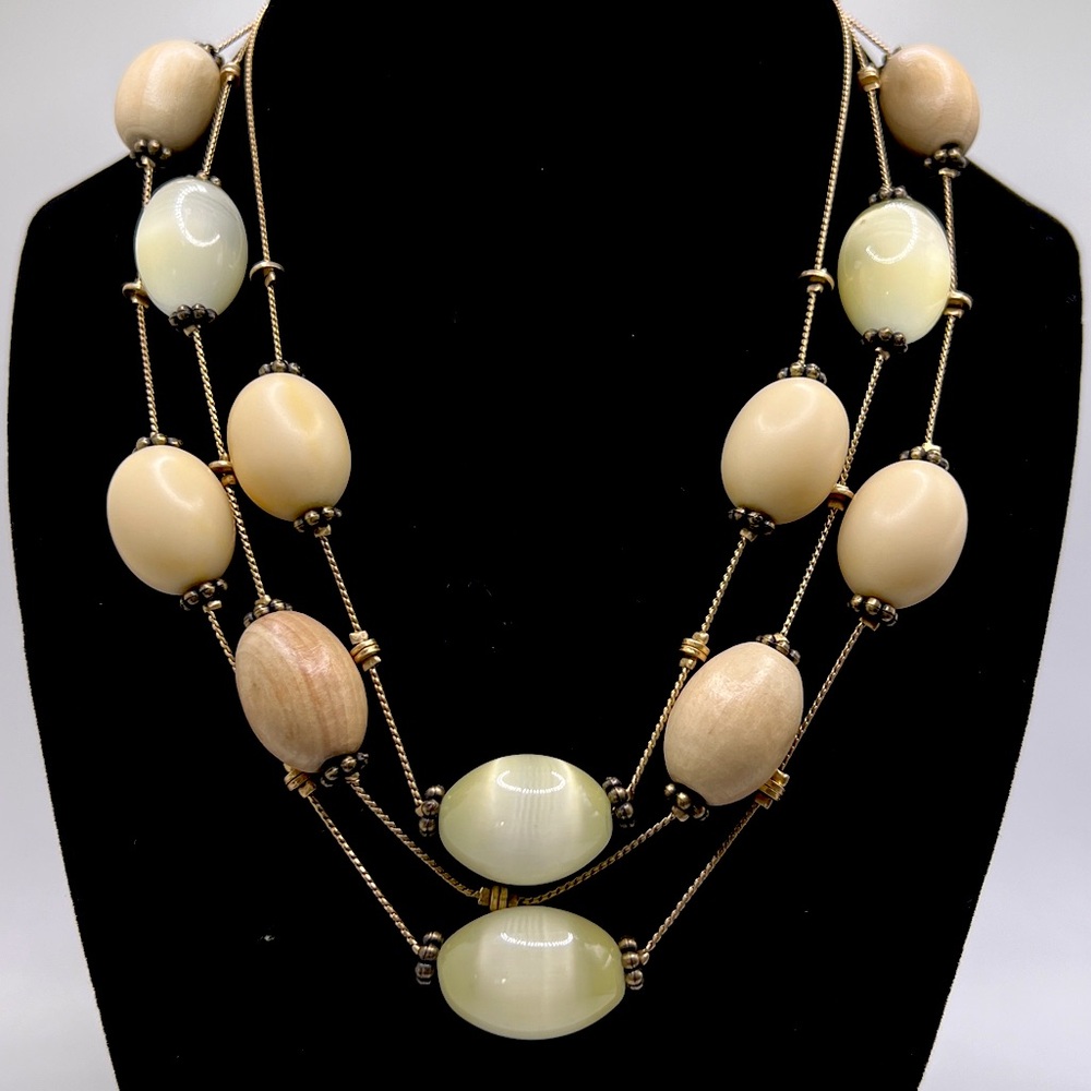 Liz Claiborne Wooden and Glass Bead necklace with delicate chain from the 70s